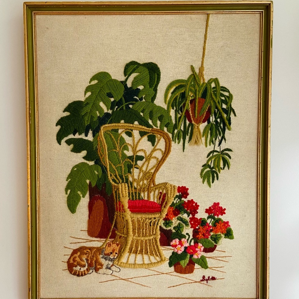 Vintage Monstera Plant Green, Red, Brown Botanical Wicker Embroidered Wall Art